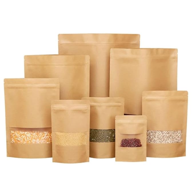 Brown Kraft Paper Zip Lock Stand Up Storage Pouches | 120mm*200mm | 100 Grams | Pack of 50 | Reusable & Airtight Storage Pouches with Transparent Rectangle Window & Self Sealing Technology