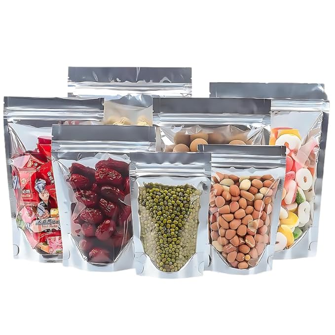 Silver & Transparent Zip Lock Storage Stand Up Pouches | 120mm*170mm | 150 Grams | Pack of 50 | Reusable, Leakproof & Airtight Multi-Purpose Storage Pouches with Self Sealing Technology
