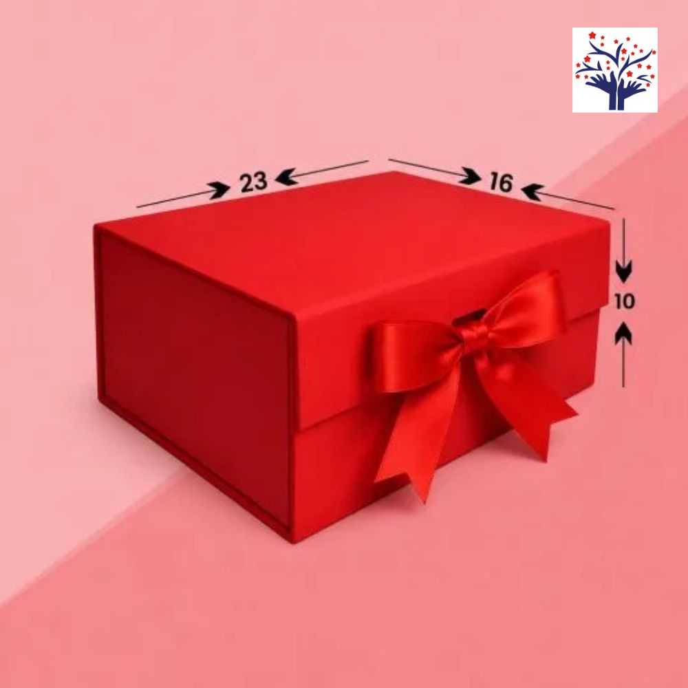 Red Foldable Gift Box with Ribbon | Luxury Rigid Box for Gift Hampers, Weddings & Corporate Gifting (23 × 16 × 10 cm)